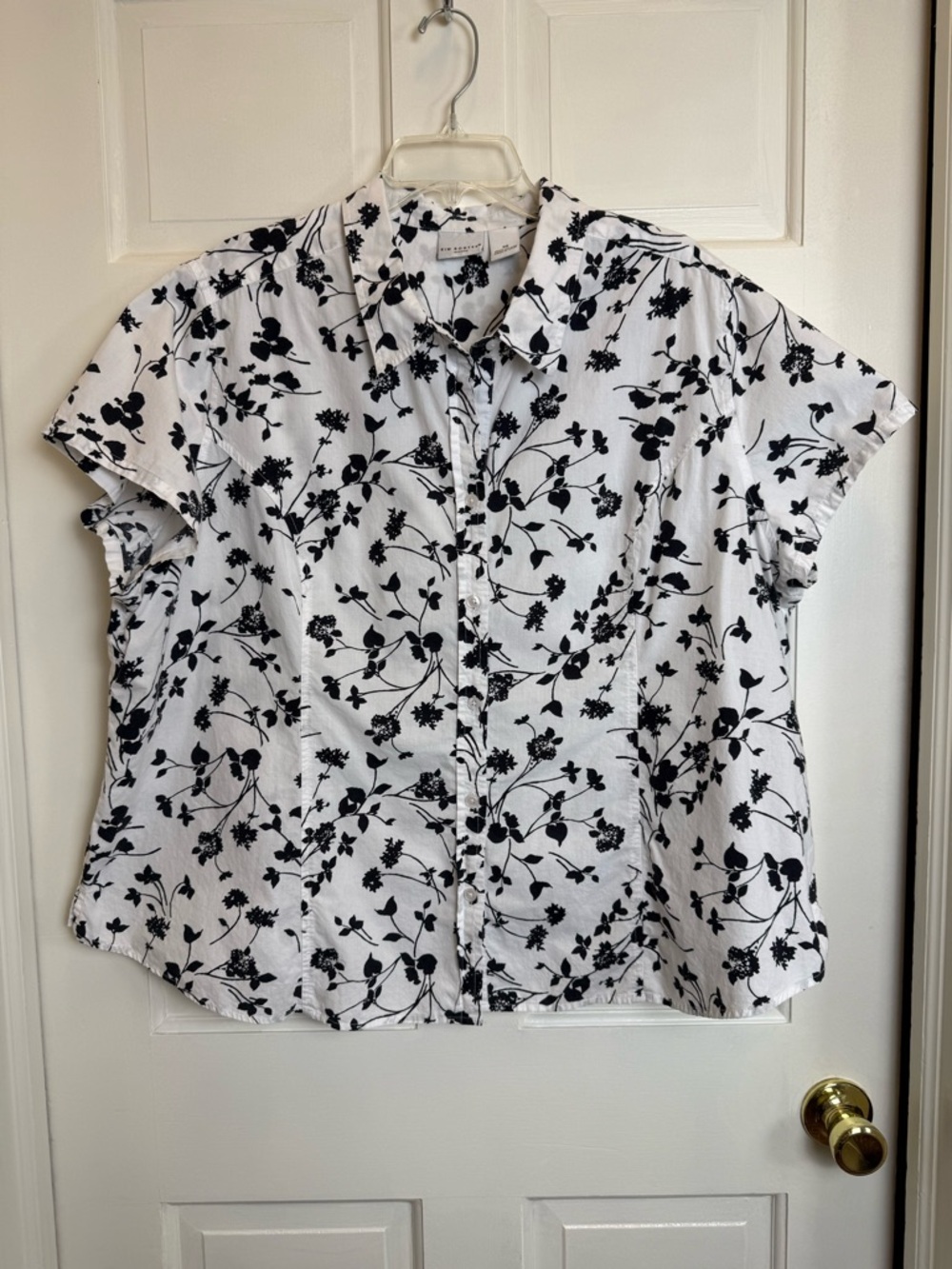 Kim Rogers Button-Front Cotton Floral Print Blouse  - White/Black Size 3X